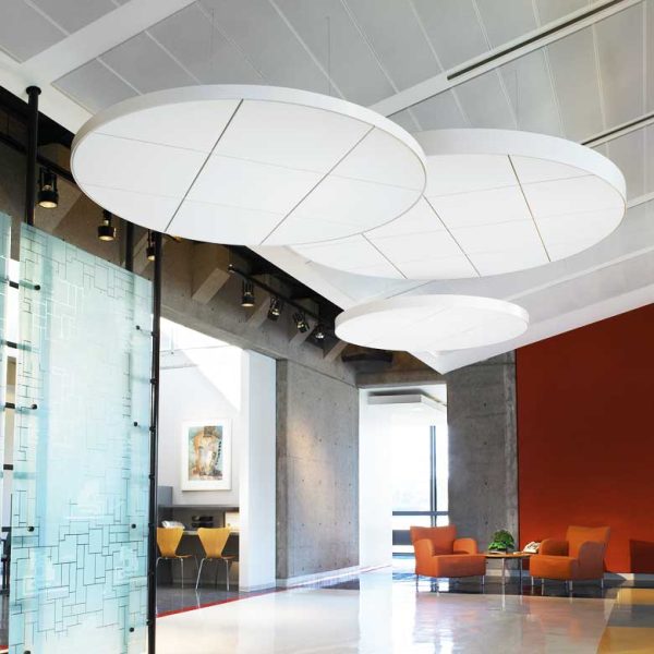 KNAUF Ceiling Armstrong Axiom Clouds Classic Curved Edge perimeter design at an open lounge space