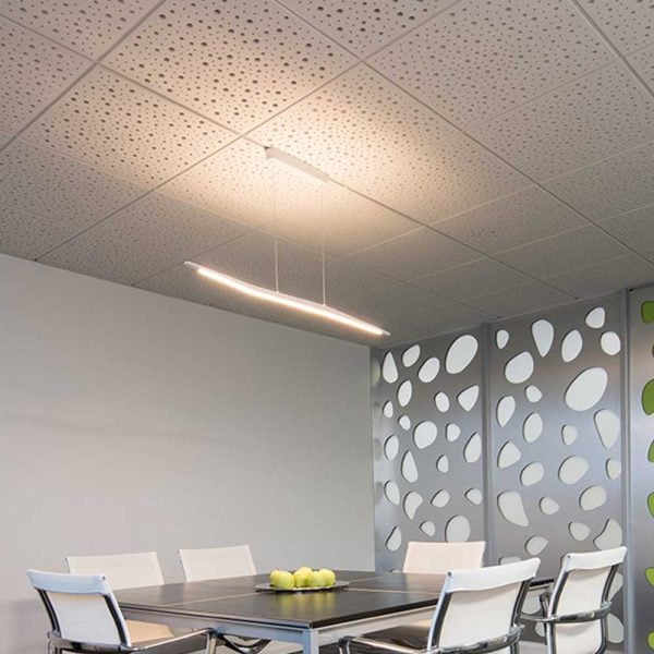 KNAUF Danoline Belgravia Plus ceiling panel in white colour globe perforation designs at the dining room