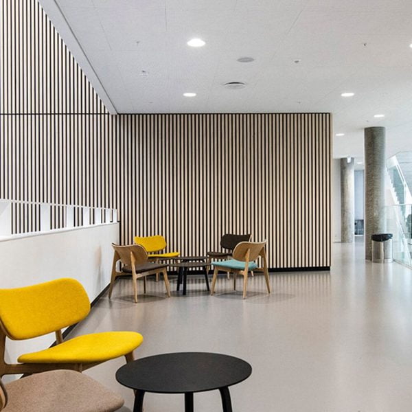 KNAUF Danoline Contur Plus ceiling panel in a white micro perforation design in an open lounge space
