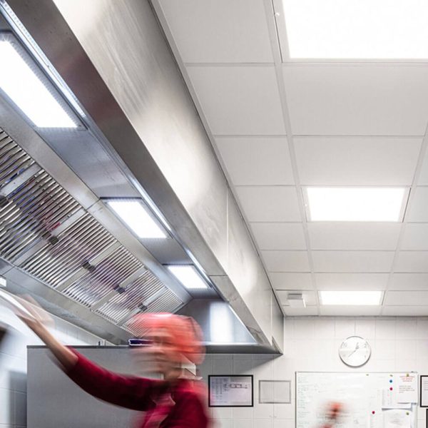 KNAUF Danoline DANOtile ceiling panel in a white colour ceiling panel at food warehouse kitchen