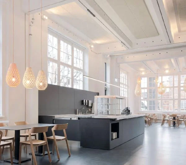 KNAUF Ceiling HERADESIGN® Superfine wood wool white ceiling panel at a fancy dining area