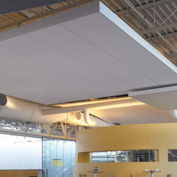 KNAUF Ceiling Armstrong Axiom Cloud ceiling canopy with Classic perimeter trim design at a cafeteria ceiling