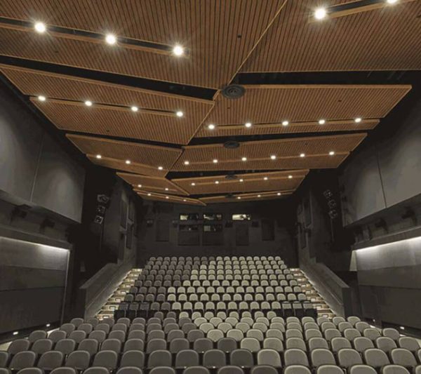 KNAUF Ceiling Armstrong F-Plank metal panel with a wood effect linear strip ceiling in a auditorium with dual colour seating area