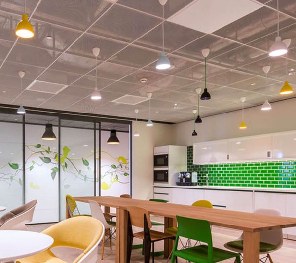 KNAUF Ceiling Armstrong Mesh planks in global white colour metal mesh plank at the office pantry area