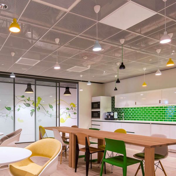 KNAUF Ceiling Armstrong Mesh planks in global white colour metal mesh plank at the office pantry area