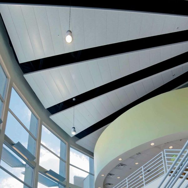 KNAUF Ceiling Armstrong R-H200 planks in global white perforated plank ceiling at the open plenum ceiling school hall