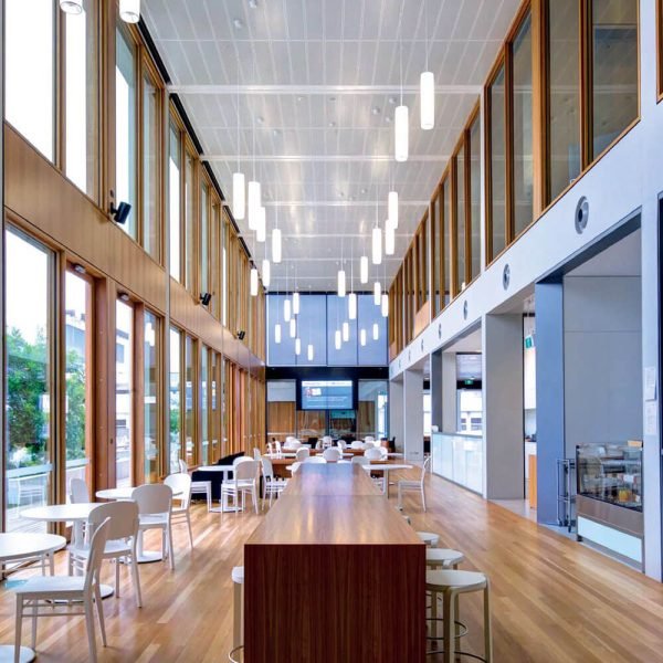 KNAUF Ceiling Armstrong R-H215 planks with white global colour and standard perforated ceiling panel at a restaurant