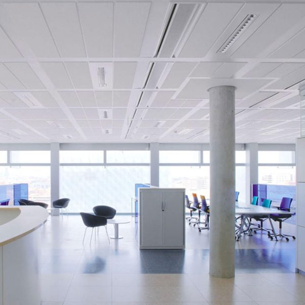 KNAUF Ceiling Armstrong Fine Fissured of a white large office area with wide windows and purple laminated panel partition