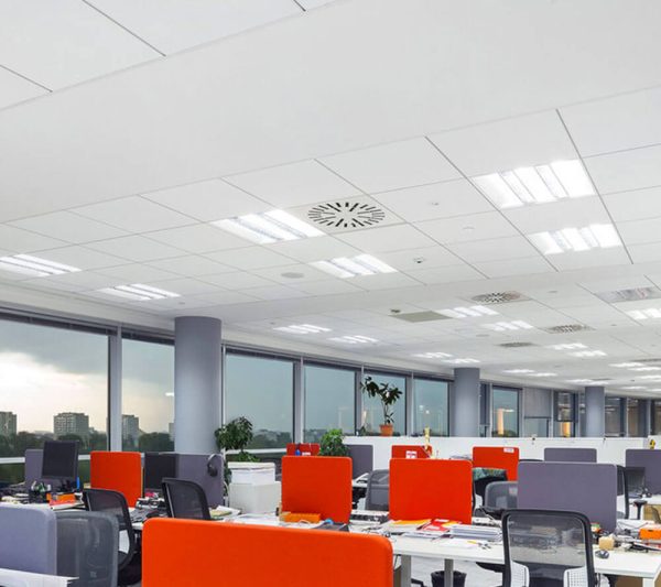 KNAUF Ceiling Armstrong Optra FG with red and purple mini board on the office desk