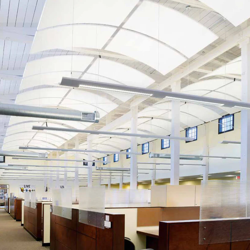 tsi-knauf-mineral-soundscape-canopies-ro-horizontal-om KNAUF Ceiling Armstrong SoundScapes Canopies with a large hill curve panel in a restaurant sitting area