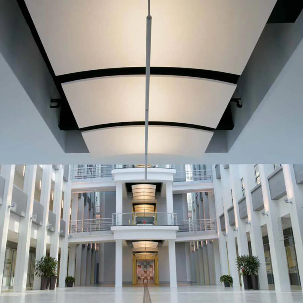 tsi-knauf-mineral-soundscape-canopies-room KNAUF Ceiling Armstrong SoundScapes Canopies with a small hill curve panel in a restaurant sitting area