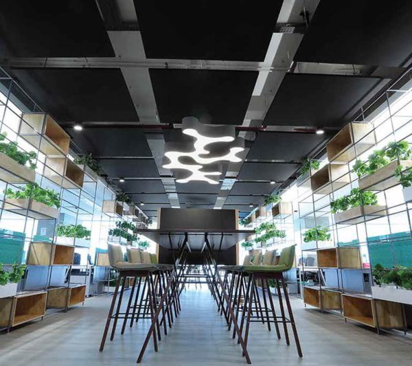 KNAUF Ceiling Armstrong SoundScapes Shapes in an open indoor gardening area with black 9-panel group layout ceiling