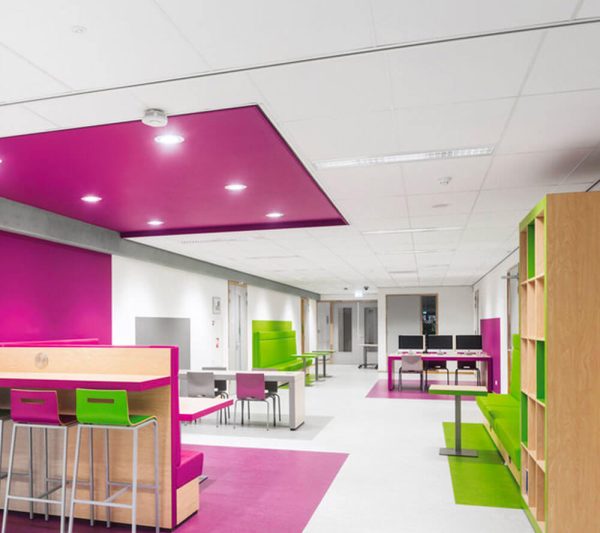 KNAUF Ceiling AMF THERMATEX Thermofon with dual bright coloured ceiling tiles in a household