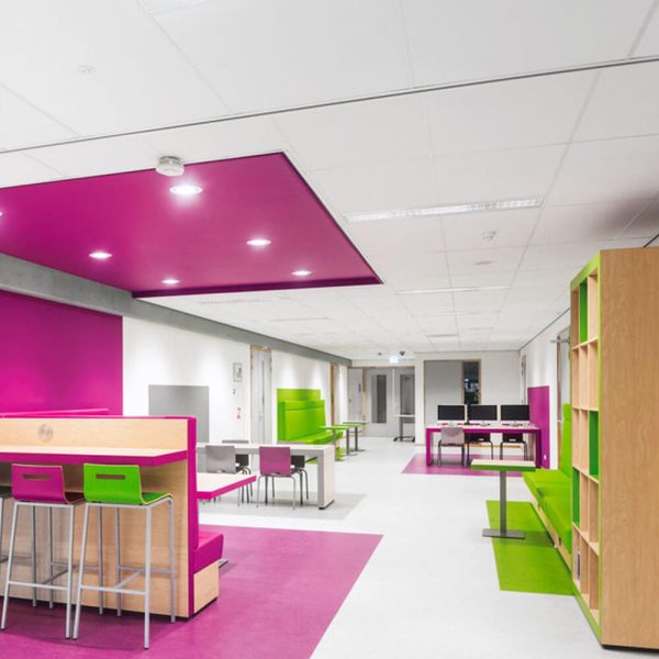 KNAUF Ceiling AMF THERMATEX Thermofon with dual bright coloured ceiling tiles in a household