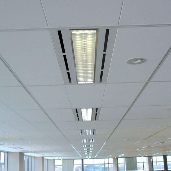 KNAUF Ceiling Armstrong Ultima of a close up office ceiling with single fluorescent light