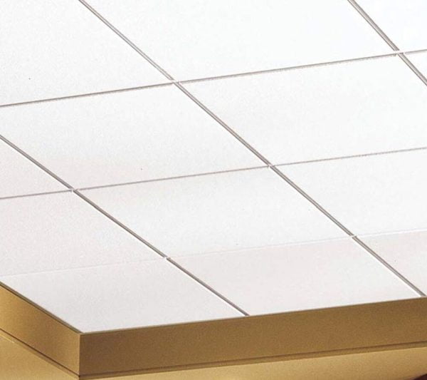 KNAUF Ceiling Armstrong Peakform Suprafine XL suspended ceiling grid with a gold coloured main beam exposed tee and a white ceiling tiles