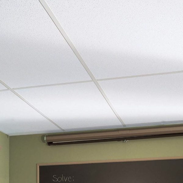 KNAUF Ceiling Armstrong PeakForm Prelude XL35 exposed tee ceiling suspension system at a classroom ceiling with a projector screen