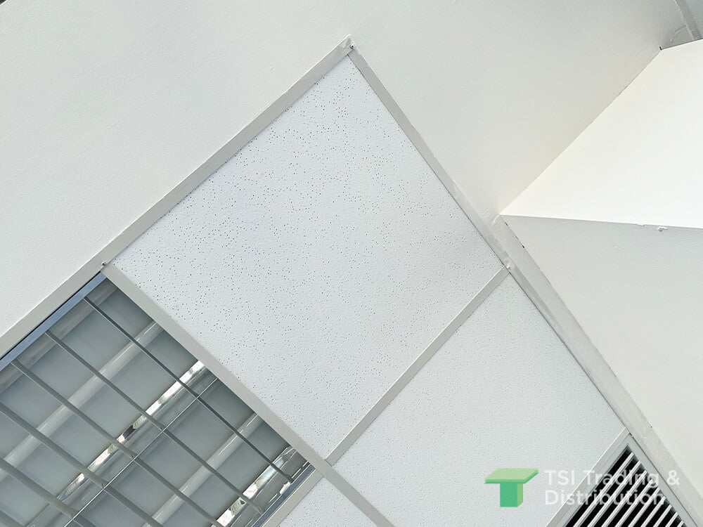 TSI Trading commercial project close up view of a perforated white ceiling tiles