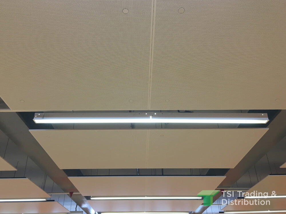 TSI Trading education project close up view of KNAUF Ceiling Solutions Armstrong Metalworks C Plank ceiling tiles
