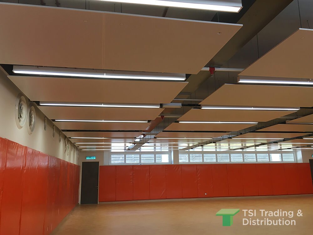 TSI Trading education project using KNAUF Ceiling Solutions Armstrong Metalworks C Plank ceiling tiles at the school auditorium in half view