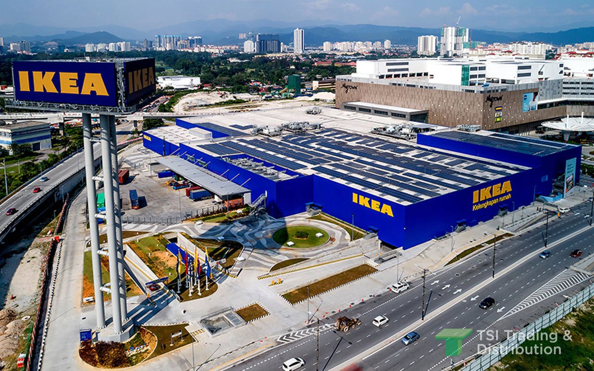 Top view of Ikea with blue wall paint and yellow letter sign
