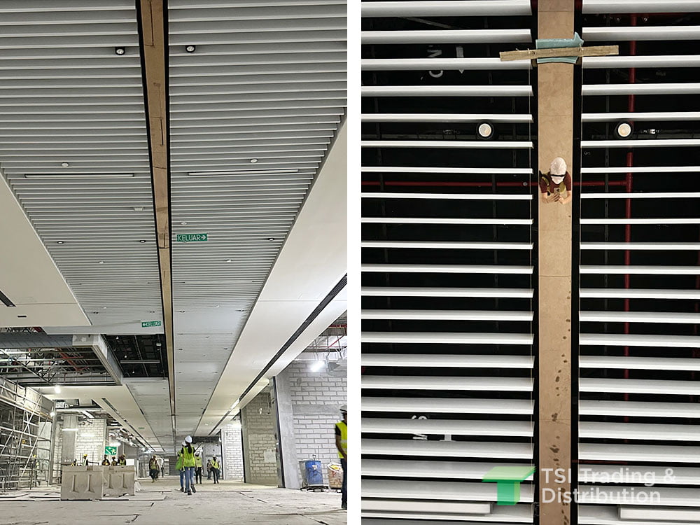 A combined view of ceiling planks in white from close up view to full view at the outdoor walkway of the shopping mall