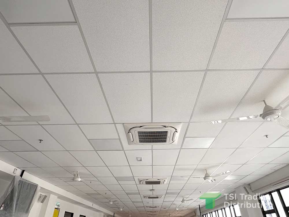 TSI Trading education project using KNAUF Heradesign Superfine ceiling tiles in white at classroom with industrial quality aircond