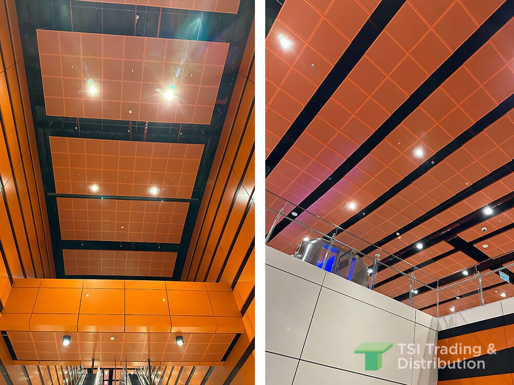 Two combined views of an orange and black striped ceiling at the escalator in a subway station