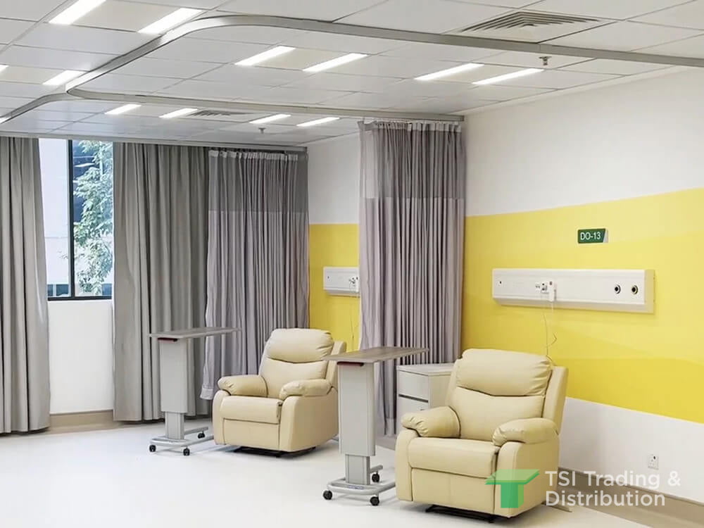 TSI Trading healthcare ceiling project at Thomson Hospital using KNAUF Ceiling Solutions Armstrong Fine Fissured ceiling tiles for patient ward with armchairs