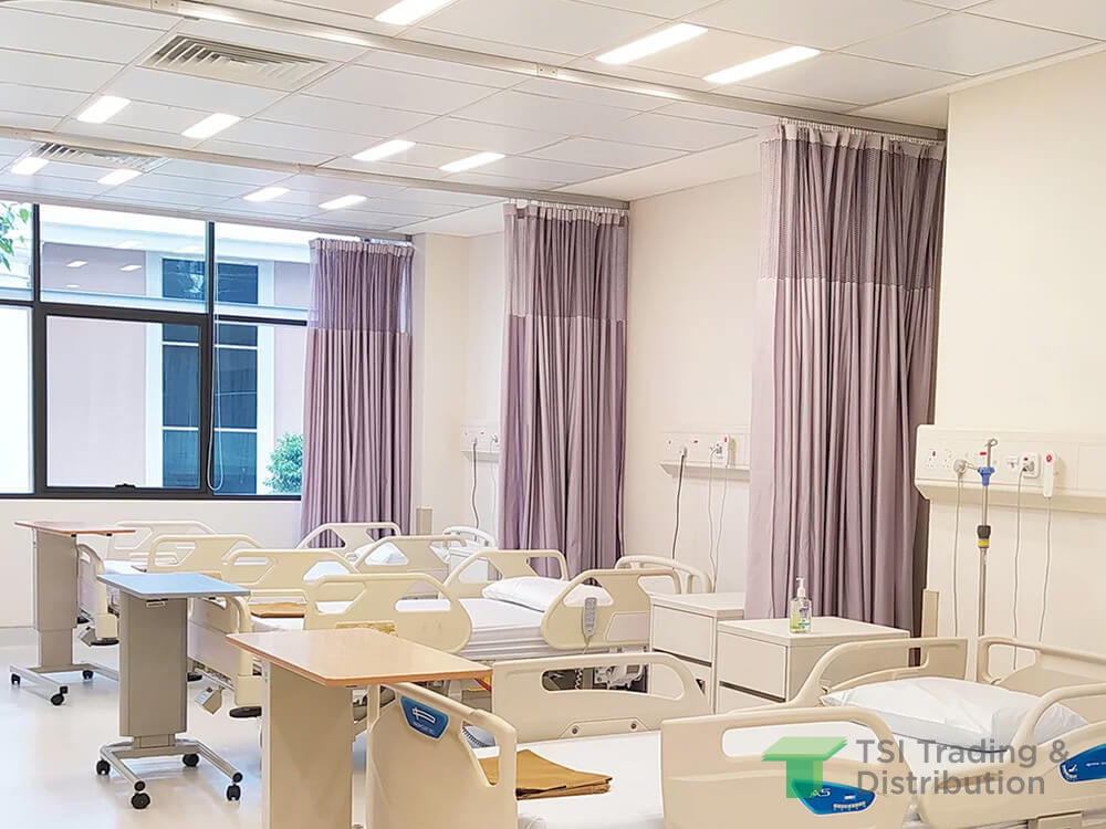 TSI Trading healthcare ceiling project at Thomson Hospital using KNAUF Ceiling Solutions Armstrong Fine Fissured ceiling tiles in a bright hospital ward.